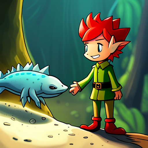 Basic Elf looks at the small axolotl named Axl Axolotl. Its frilly gills emit a faint green glow, making it look even cuter. The axolotl has the potential to be dangerous, but also holds the promise of superpowers. Fred-209, the security bot, beeps in the background, seemingly uninterested in the conversation.

