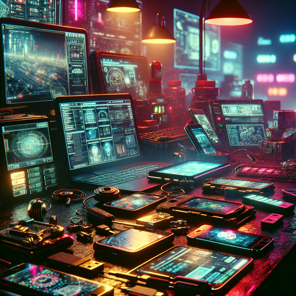 1. A cluttered table illuminated by neon lights showcases an assortment of exposed smartphones, modified computers, encrypted USBs, and a high-tech radio scanner. In the smoky, neon-lit hacker club, a standout handheld device with a touch-screen displays maps and data feeds.