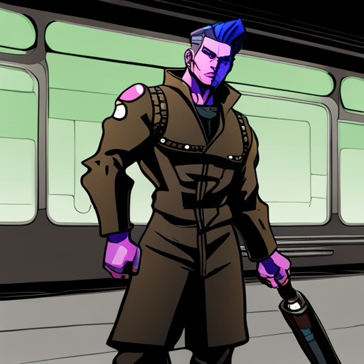 Zeb grips his black steel mace, ready for battle in the abandoned subway station. The colorful tile walls and idle subway car provide an eerie backdrop. 
