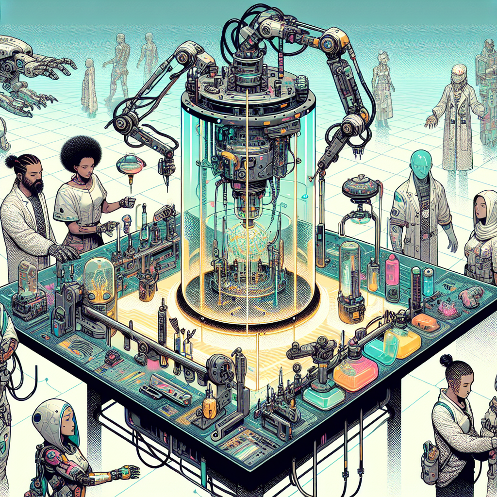 1. A table-sized, glass-encased device with robotic arms and a holocule extruder inside sits idly in an endless white expanse, surrounded by players.