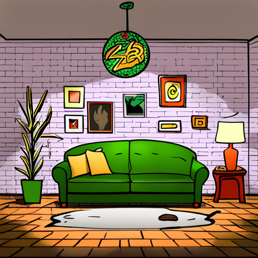 Zeb sees an old green leather sofa, a round coffee table covered in stickers and graffiti, and a cheap chandelier hanging from the ceiling. The cold air from the crumbling brick fireplace sends a chill down his spine.
