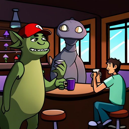 Zeb takes a sip of coffee at the dimly lit Chat bar, while Truffle, a small mushroom person with a red cap and toothless grin, is lifted up in excitement. Ratz, the gruff bartender with a robotic arm, serves Zeb while a drunk man sleeps nearby. Loud electronic music plays as Zeb focuses on messages received on his Ono Sendai Cyberspace 7 cyberdeck.