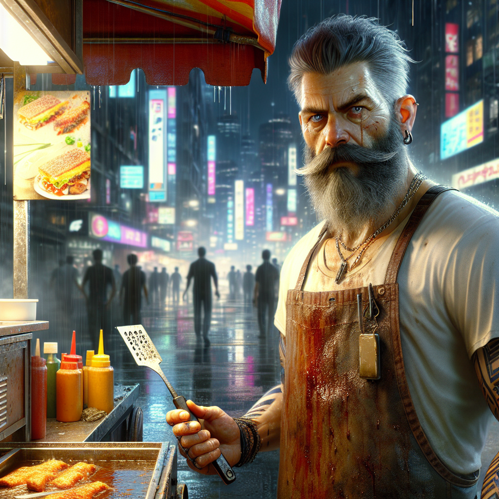 A robust man with a peppered mustache stands beside a food cart, apron stained with grease and hot sauce. His sharp eyes glance over a spatula he flips expertly. A faint scar marks his forearm. City lights reflect off damp streets and low clouds, with nightclubs' thumping bass in the background.