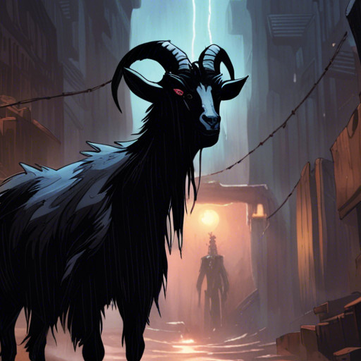 Thraeryn stands in a grimey alley, the rain lightly falling on the wet ground and bricks. The sky above is a dead channel, casting a gloomy light. A flickering lightbulb illuminates the scene. A black goat with a glint in its eyes looks up at Thraeryn, speaking with a deep bleat about forbidden knowledge and the abyss. Spraypainted on the wall is the word "Hell." A minidisc lies nearby.