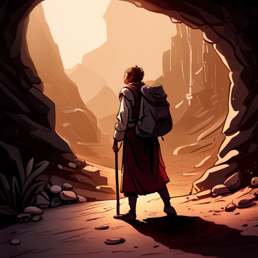 In the dimly lit cave, Wrewdison hides behind rocks, watching for the person he's been waiting for. As a desert nomad approaches, Wrewdison recognizes their traditional robes and wary expression. The nomad carries a bundle of belongings on their back and eyes the supplies laid out before them. Wrewdison stands up, revealing his tall, fit form with a beard and slightly messy hair, and greets the nomad, offering them some of the supplies he found earlier. A cave axolotyl and a crate sit nearby.