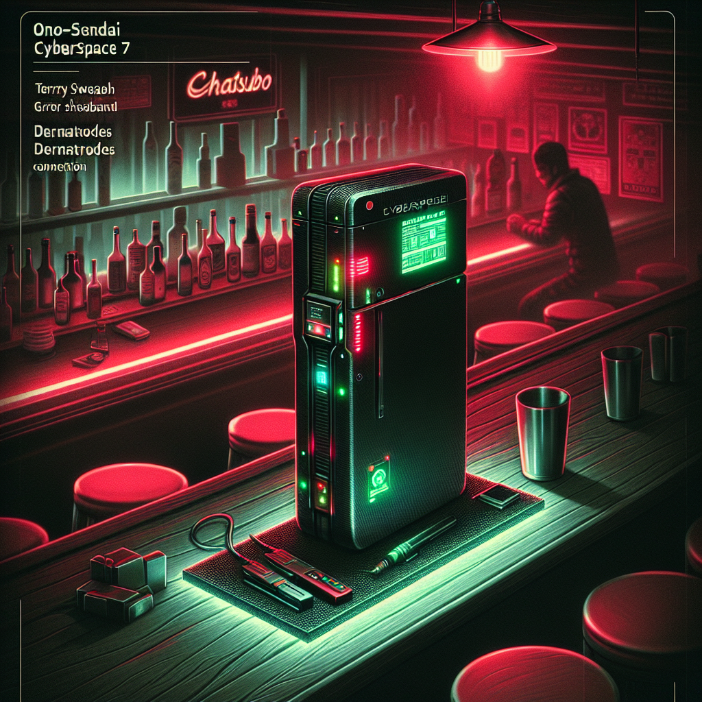 1. A sleek black Ono Sendai Cyberspace 7 with glowing green and red LEDs rests on a dimly lit bar, its terry sweatband marked by usage, dermatrodes poised for connection. The Chatsubo's red ambient lighting casts shadows over the empty stools and the solitary bartender behind the counter.