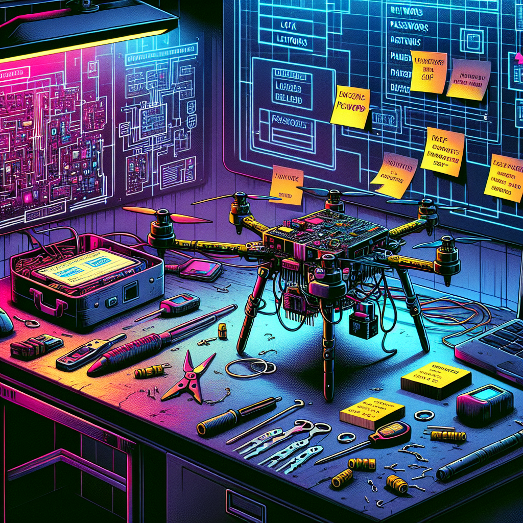 1. A soldering station with components and a half-built drone on a desk, lock picks alongside. A whiteboard displays network plans, usernames, passwords, and sticky notes with key sequences. Neon lights and smoke fill the hacker hub.