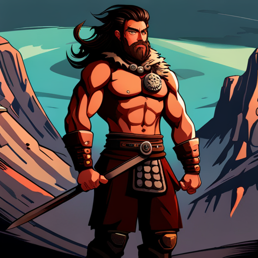 Zeb sees a towering, muscular barbarian with wild black hair and a bushy beard. He wears a fur loin cloth and tall boots, and wields a massive sword. The barbarian nods his head, speaking simply about an evil sorcerer. 
