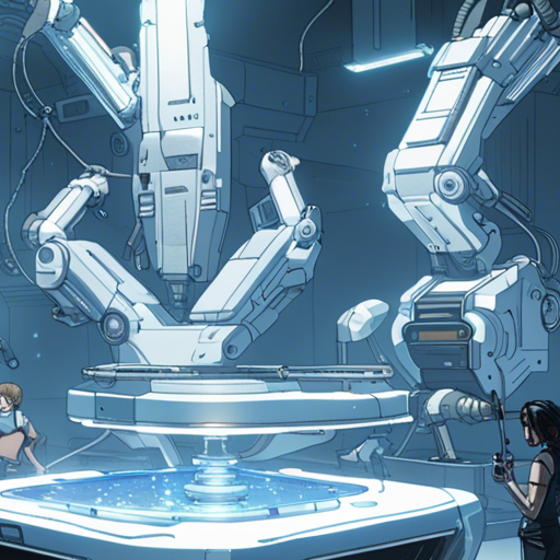 Tr7phon stands in front of the object forge, a glass table with robotic arms and a holocule extruder inside. The forge emits a pleasant ping sound as it creates objects. The Loading Screen, an endless white expanse, serves as the backdrop.