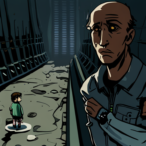 Wrewdison sees Cage pointing up at the wall in the cramped and trash-filled sewer tunnel. Cage, a pale and lanky man with greasy hair, suggests an old access hatch might be the key to finding what they're looking for. A thin stream of water crawls across the floor, and metal and plastic tubes run along the wall. 
