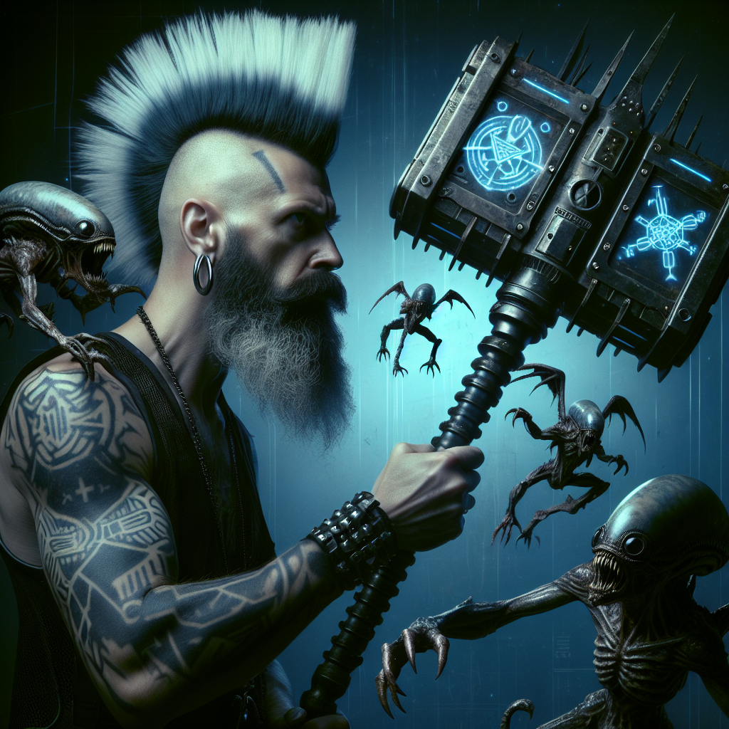 A man with a wild mohawk and pointy beard, streaked with white, wields a black steel mace with glowing glyphs. Alien creatures recoil from his strikes.