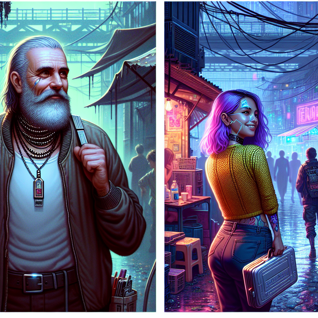 1. A sterile case under arm, a middle-aged goth with a beard and a USB necklace stands on a decrepit bridge, amid makeshift shelters and neon-lit stalls, a cyberpunk woman with purple hair nearby.