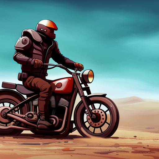 Potato sees a sleek, rusty red motorcycle parked near the outpost. Its sturdy frame and powerful engine give it an intimidating look. A buzzard circles overhead, eyeing Turnip. 
