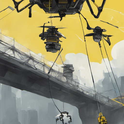 The quadcopter drone, painted with yellow and black safety stripes, hovers above the bridge. Its gas-propelled grappling hook is connected to a spool of dyneema cable. The bridge spans a wide, dark chasm, and squatters have set up camp on the upper deck. It is daytime, with clear skies.