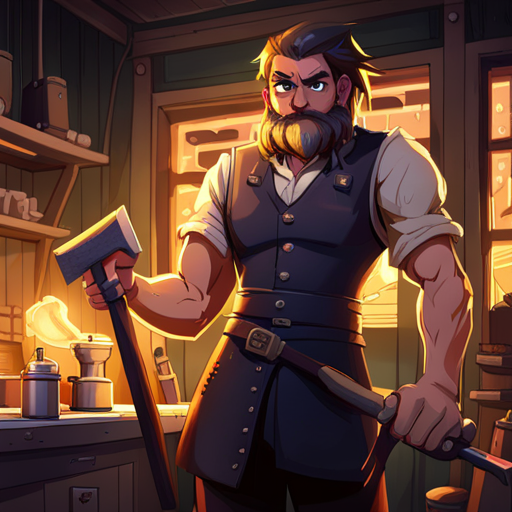 Zeb sees a burly blacksmith with a bushy beard and a leather apron, holding a large hammer and standing next to a wooden table with various tools. On the table lies a gleaming vorpal axe. 
