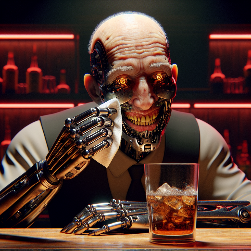 1. A shaven-headed bartender with squinty brown eyes and a wrinkled face leans over a bar, mechanical arm jerking as it wipes a glass. His mouth, a mix of decayed teeth and steel prosthetics, forms a half-smile under the dim red lighting. The bar's wooden surfaces and empty stools suggest a quiet, sparsely populated establishment.