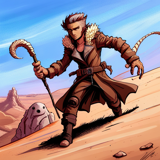 Zeb sees himself in his ranger cloak, with a spikey mohawk and neatly trimmed beard. The Deep Desert's wind and sand whip around him, while a rocky formation provides shade. Nearby, a Pangolin mutant and buzzard are present.
