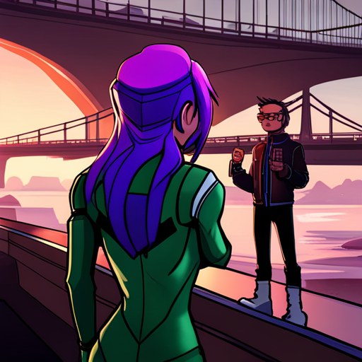 Zeb sees Starla, a cyberpunk woman with purple hair and a neoprene jacket, checking out Waste Ranger Keymaster on The Bridge. 
