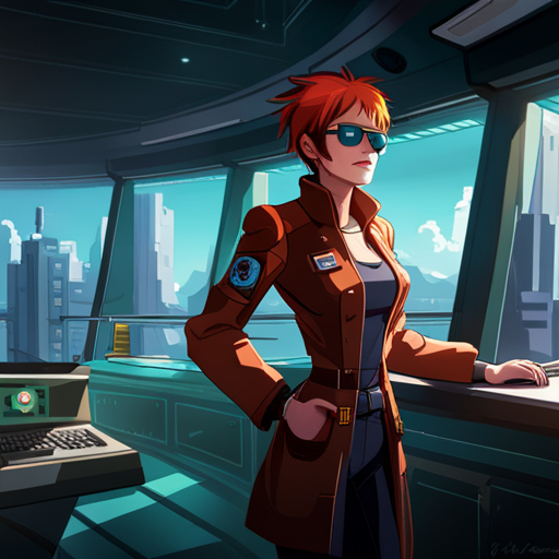 Texmechs' inventory includes a sticky note with login and password, a drone reader, and a falafel wrap. The old terminal and LED strips in the background suggest a secret meeting spot on the Lower Deck of the Bridge. Texmechs, a red-haired cyborg humanoid with mirrored shades and a cowboy duster, stands barefoot. 
