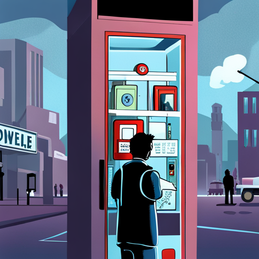 Test inspects the payphone in the phone booth. They notice a quarter in the coin return and a cult of the dead cow sticker on the glass door. Test also sees a mysterious dataport on the phone, which shouldn't be there. The city lights reflect off the low clouds overhead as people wander in and out of the nightclubs. The Falafel guy, a man with a mustache, stands next to his food cart nearby.
