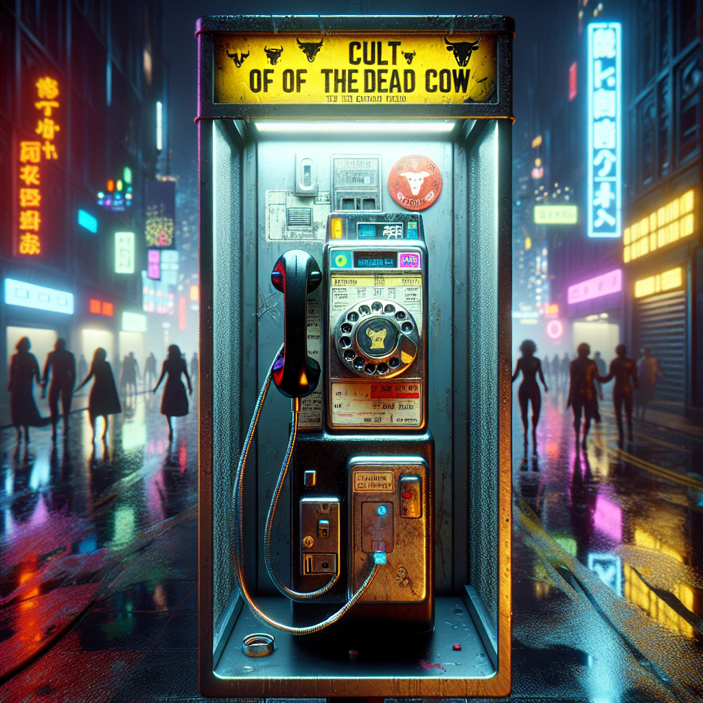 A rotary dial payphone stands enclosed in a glass booth, its door adorned with a "cult of the dead cow" sticker. A quarter gleams in the coin return slot, and an anachronistic dataport is nestled where it seems out of place. The city's nocturnal glow reflects off damp streets, while silhouettes of people drift between pulsating nightclubs.