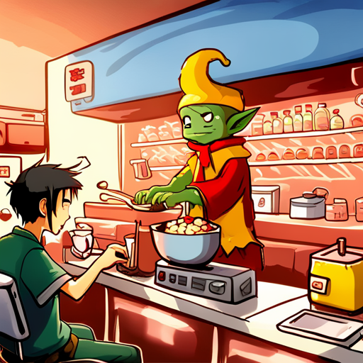 Basic Elf sees the cozy ramen joint with a red and white sunrise mural on the wall. A Kappa, resembling a turtle with a bowl on his head, cooks ramen behind the bar. Basic Elf's pile of belongings includes coins, a paper clip, a metal dragon figurine, and a banana. 
