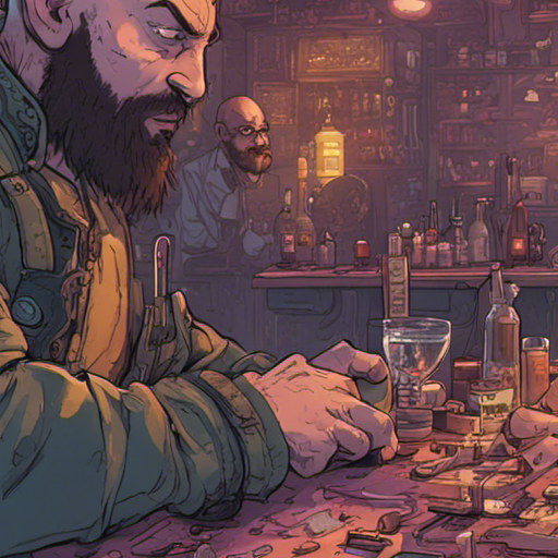 Ratz, with his shaven head and squinty brown eyes, rolls his eyes as the lights flicker in the dimly lit bar. He mutters about the circuit board, grabbing a screwdriver to investigate. The bar is mostly empty, with a drunk man sleeping in a pool of drool and Zeb, a bearded man with a mohawk, looking cool with his USB drive necklace.