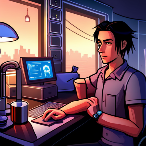 Vince inspects Sebastian's warez license, a legitimate and up-to-date document displayed in the corner of his interface. Sebastian assures Vince of his trustworthiness, while the dimly lit Chatsubo bar buzzes with electronic music and the presence of Ratz, a gruff bartender with a robotic arm, and a drunk man sleeping in a pool of drool nearby.