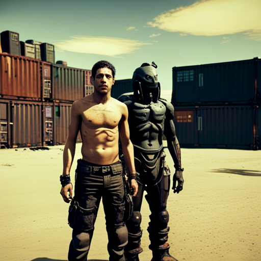 In the photo, wrewdison stands beside a shirtless Mechanic with six piercings in his face. They stand in front of a Scarab SRV parked in an outpost made of rotting shipping containers. The Mechanic nods as he speaks to wrewdison, who looks satisfied with the vehicle.