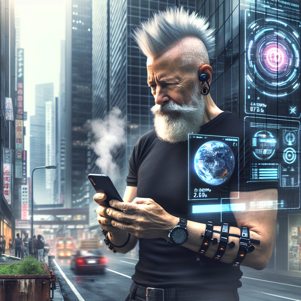 1. A grizzled man with a fuzzy mohawk and graying beard, wearing a black t-shirt and pants, gazes at his phone. Notifications light up the screen. Behind him, the Corpo District bustles with skyscrapers and a holo billboard, while steam wafts from a nearby manhole.