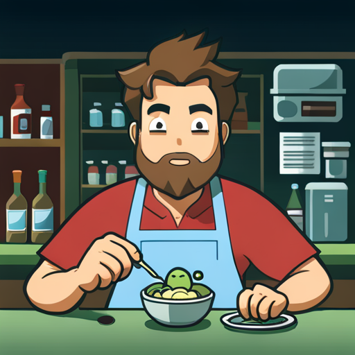 Wrewdison, a tall and fit man with slightly messy hair and a beard, sits at the bar of a tiny ramen restaurant. Kappa, a creature resembling a cross between a frog and a turtle with a bowl on his head, prepares a bowl of Shoyu ramen with precision. The piping hot bowl of noodles is presented to Wrewdison, who nods as Kappa explains that it comes with a seasoned soft-boiled egg. The red and white mural of a sunrise on the wall adds to the cozy atmosphere.