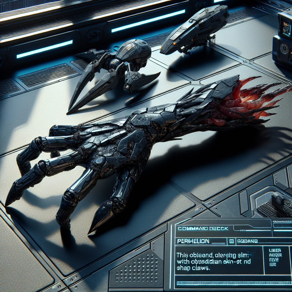 A severed xeno limb, obsidian-skinned with sharp claws, lies on the command deck floor of Perihelion, near a drone.