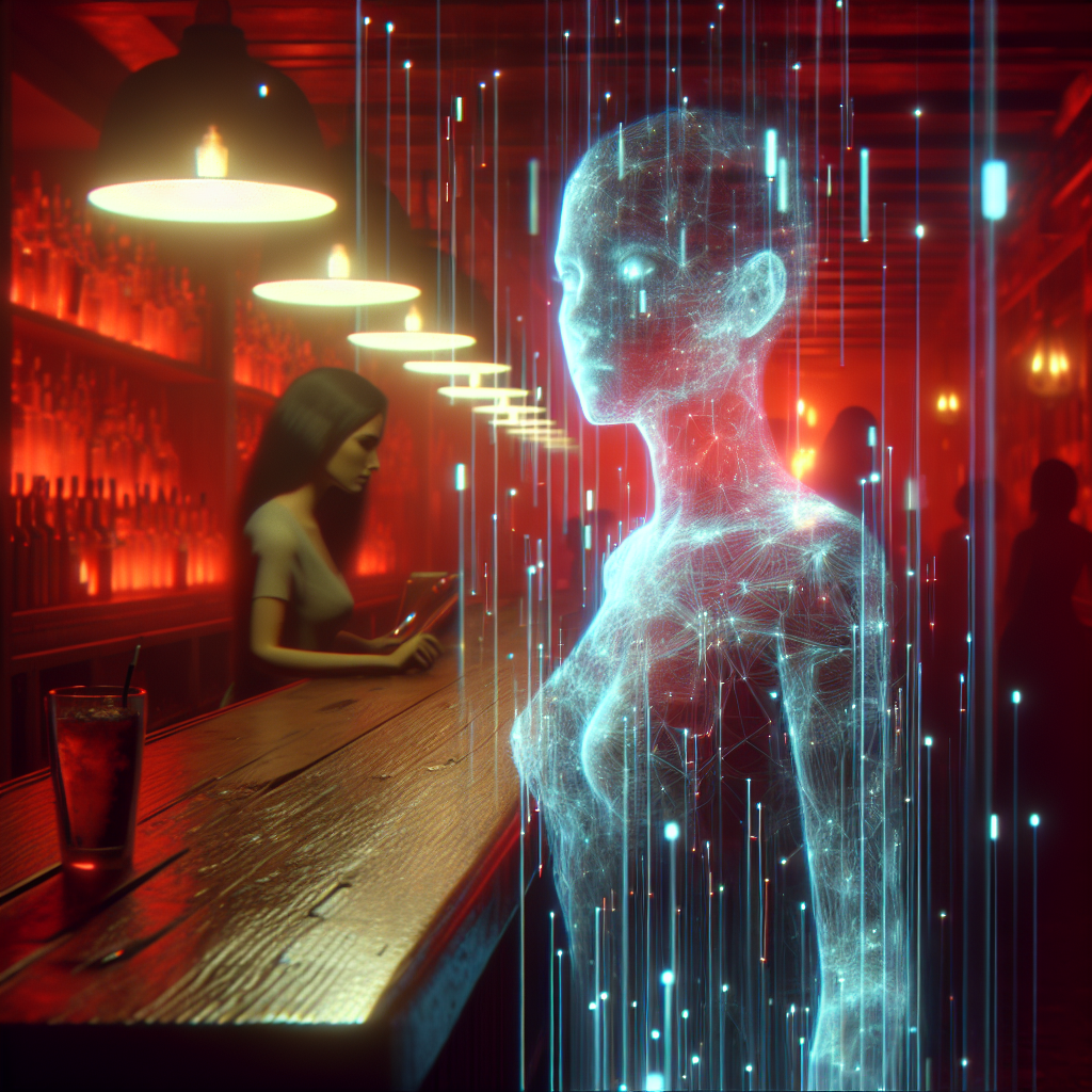 1. A holographic figure, translucent and flickering, stands amidst a cascade of glowing code. Its features are nondescript, a digital ghost with a hint of a smirk. The dim red light of the bar casts shadows over the sparse, quiet interior, highlighting the long wooden bar and the solitary bartender behind it.