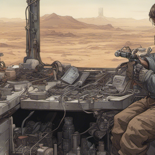 Thraeryn examines the well-used tools, a sturdy wrench, heavy-duty pliers, and a compact welder. Assorted screws, bolts, and wires are neatly organized nearby. The outpost's rotting shipping containers and barren desert wasteland provide a gritty backdrop.