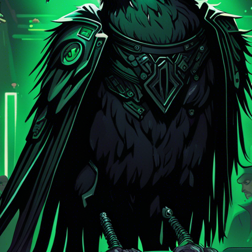 Huginn, the sleek black raven with piercing green eyes, perches on Odin's shoulder, observing the chaotic goth club. The nightclub is filled with thrashing goths, a large stage above a crowded dance floor. Huginn's intelligent aura shines through, as it takes in the scene with its observant gaze.