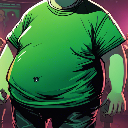 In the dimly lit goth club, Rolf, a rotund man with a split tongue, approaches wrewdison, a tall figure in a green t-shirt and baseball hat. Rolf, wearing a mesh shirt and leather pants, grins widely, his eyes shining with admiration. The crowded dance floor and stage serve as the backdrop, filled with thrashing goths and a bar lining the far wall.