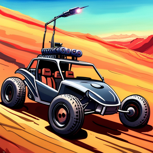 Zeb's eyes are drawn to the sleek, black dune buggy in the clearing. Its large, knobby tires and roll cage suggest it's built for off-road adventures. The machine gun turret mounted on the back adds a touch of danger and excitement to the scene.