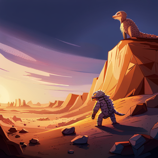In the photo, Pangolin stands with his armored scales glinting in the harsh desert sun. He holds out a small, round berry to Test, who reaches out to take it. Stardeath stands beside them, his fox-like face turned towards Pangolin in gratitude. The rocky formation looms in the background, casting a shadow over the group.