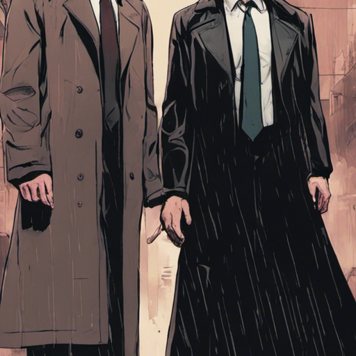 Andy stands in a grimey alley, rain lightly falling. Agent Cooper, a pale man with carefully styled hair, wears a long black trench coat over a nice suit. Andy holds up their hand, calmly trying to diffuse the tension.