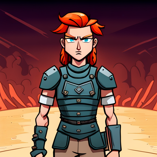 Roger Wilco, his fiery red hair flowing in the wind, gazes at the Corpo Guard with a mix of determination and uncertainty. The guard, clad in armor and armed with a stun baton and riot shield, stands tall, his face etched with a stern expression. The desert road stretches behind them, its eroded trenches a testament to the harshness of the wasteland. A buzzard circles overhead, adding an air of tension to the scene.