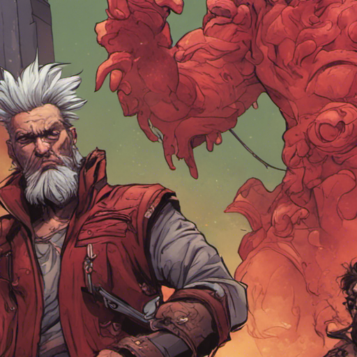 Zeb's eyes widen in awe as he watches Thraeryn demonstrate his magical prowess. Thraeryn, an incredibly red man, holds a gleaming enchanted six-shooter in his hand. Zeb, a bearded man with a short mohawk, gives Thraeryn a hearty pat on the back, impressed by his remarkable abilities. The scene takes place in the Loading Screen, an endless white expanse, where an object forge can be seen nearby.