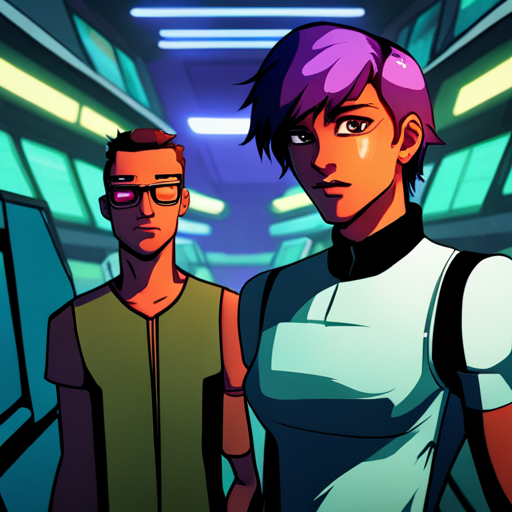 Zeb sees Starla, a cyberpunk woman with purple hair, taking his credsticks and handing him an advanced scanner. Irq, a teenager with a rat in a cage, stands nearby. A drone hovers in the background.
