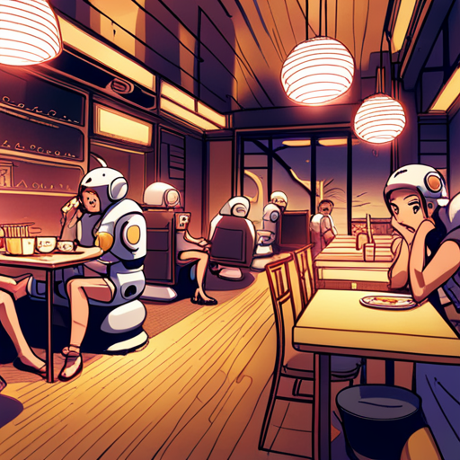 A robot vacuum whirs loudly, bumping into chairs and tables, knocking over small items in Ramen Heaven restaurant.
