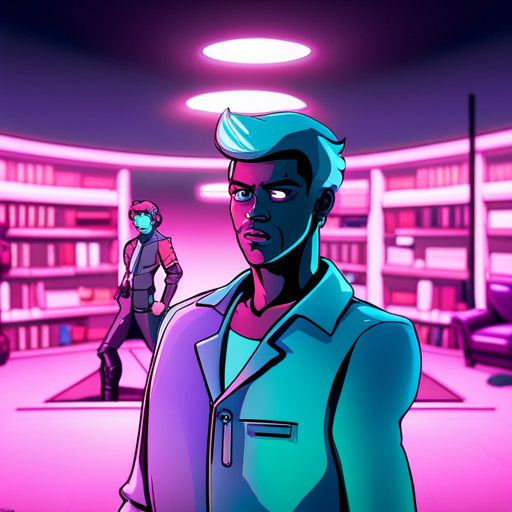 Zeb stands in Ben's office, surrounded by arcane books and action figures. The room is lit in shifting shades of pink and cyan. 
