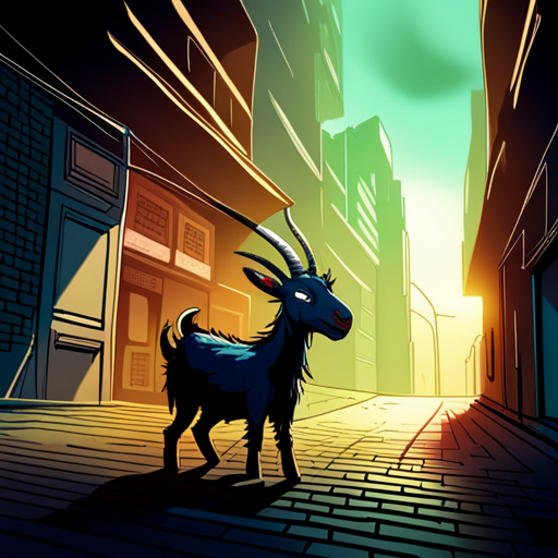 A black goat with twisted horns stands in a wet alley, panting and glaring after a man. The flickering light casts eerie shadows on the brick walls. 
