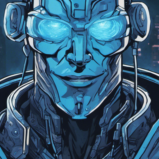 Zeb's cybernetic eyes glow blue in the mirror, adding mystery and sophistication to their appearance. They grin with newfound confidence and excitement.