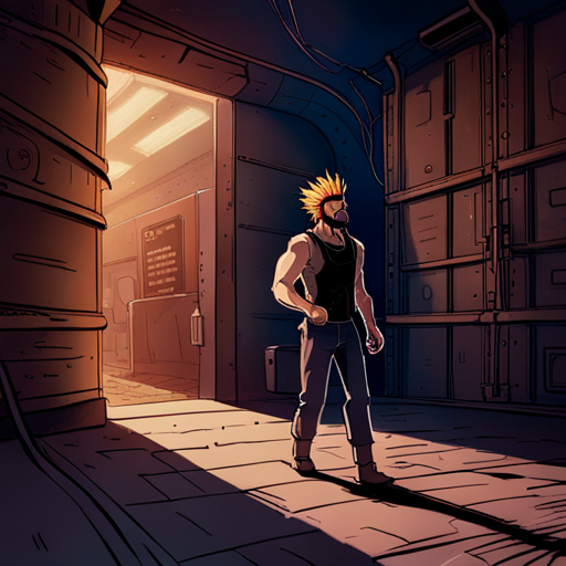 Zeb's eyes scan the discarded paperwork in the dimly lit sewer tunnel. The thin rays of light reveal a bearded man with a spikey mohawk, wearing a sleeveless black shirt and loose pants. He searches for any sign of maps or instructions, but finds nothing. The papers are a jumbled mess, intentionally hiding the information he seeks.