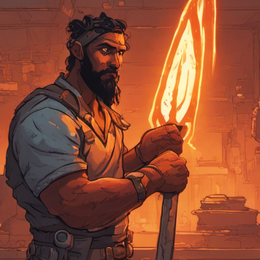 Gurdwar stands in front of the object forge, focused and determined. The forge glows with a fiery orange light, casting a warm glow on Gurdwar's face. Gurdwar's strong hands grip the tools, carefully shaping and molding the materials. The pickaxe takes form, its sturdy wooden handle and sharp metal head gleaming in the light. Next, Gurdwar crafts the mining gloves, their thick leather providing protection and grip. Gurdwar's face shows satisfaction and confidence, ready to embark on the adventures ahead.