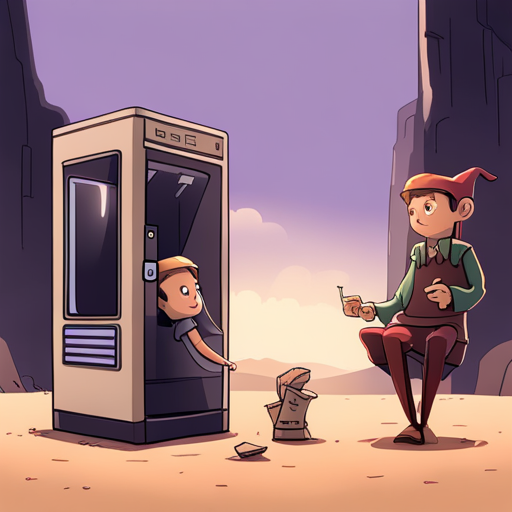 Basic Elf carefully tucks away a small metal figurine named Squack into their inventory. They wear natural fabric clothes, are shorter than humans, and love gold and jokes. In the background, a hologram of Ben Brown stands in front of a vending machine that can produce any object in the universe for a quarter.