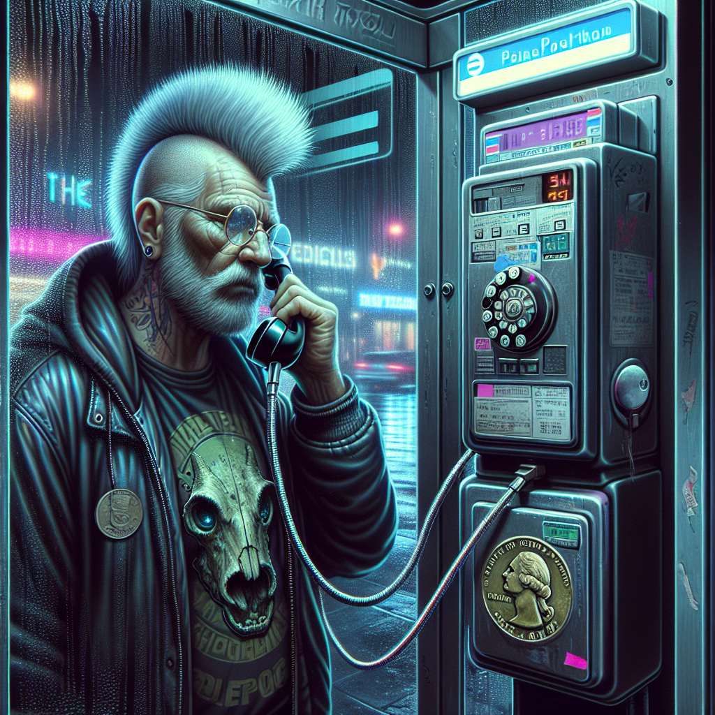 1. A graying bearded man with a fuzzy mohawk stands before a classic rotary dial payphone inside a glass phone booth, a quarter visible in the coin return. A cult of the dead cow sticker adorns the glass door, and a mysterious dataport is nestled beneath the phone's chassis. The city's night lights reflect off damp streets and low clouds, with thumping baselines from nearby nightclubs.